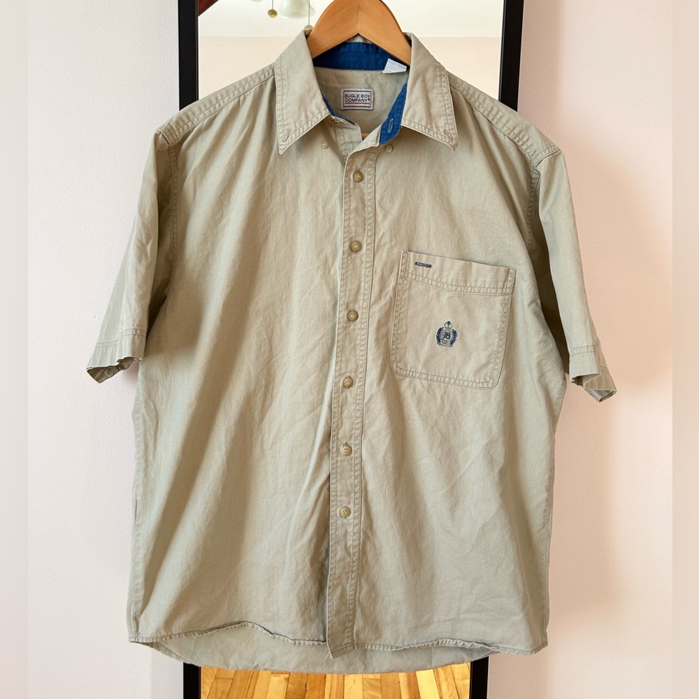 Vintage 90s Bugle Boy khaki cream tan button down short sleeve shirt earth tones